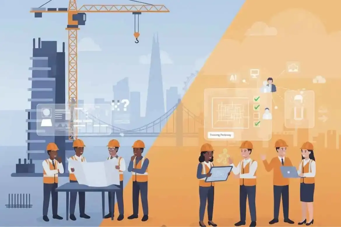 UK Construction Skills Shortage & Talent Gap 2025 | Fortray 3D illustration showing UK construction workforce gap with diverse professionals and London skyline.
