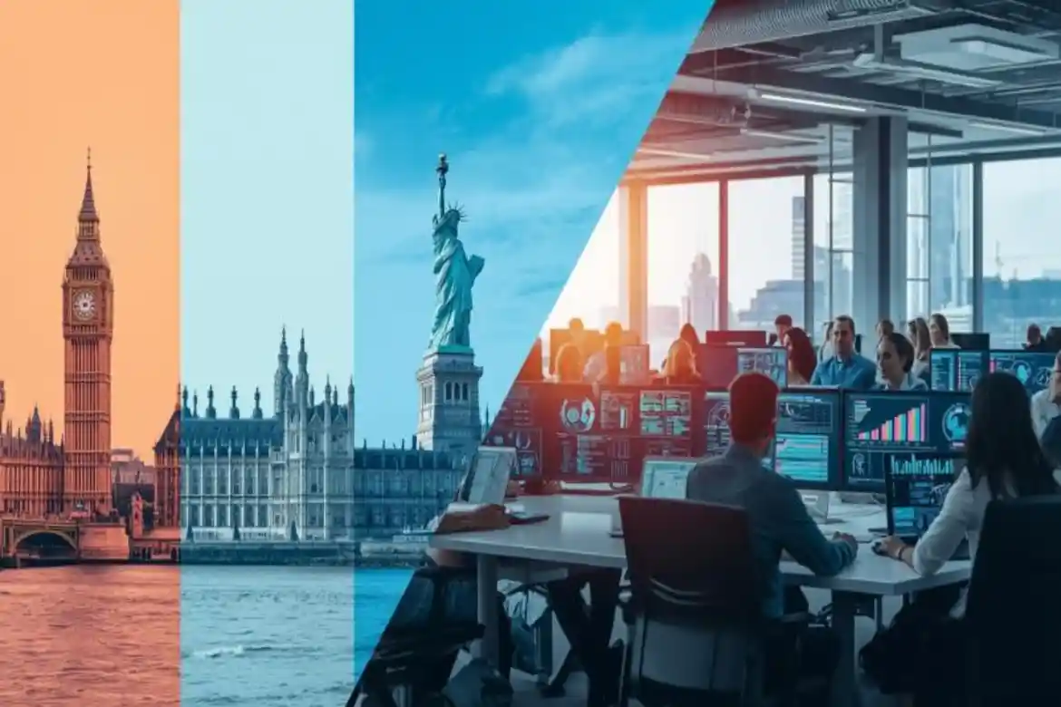 Modern tech job with professionals working on multiple computer monitors displaying data dashboards. How UK, Ireland and US Employers Are Hiring Non-Tech Beginners Into £45K+ Tech Jobs 