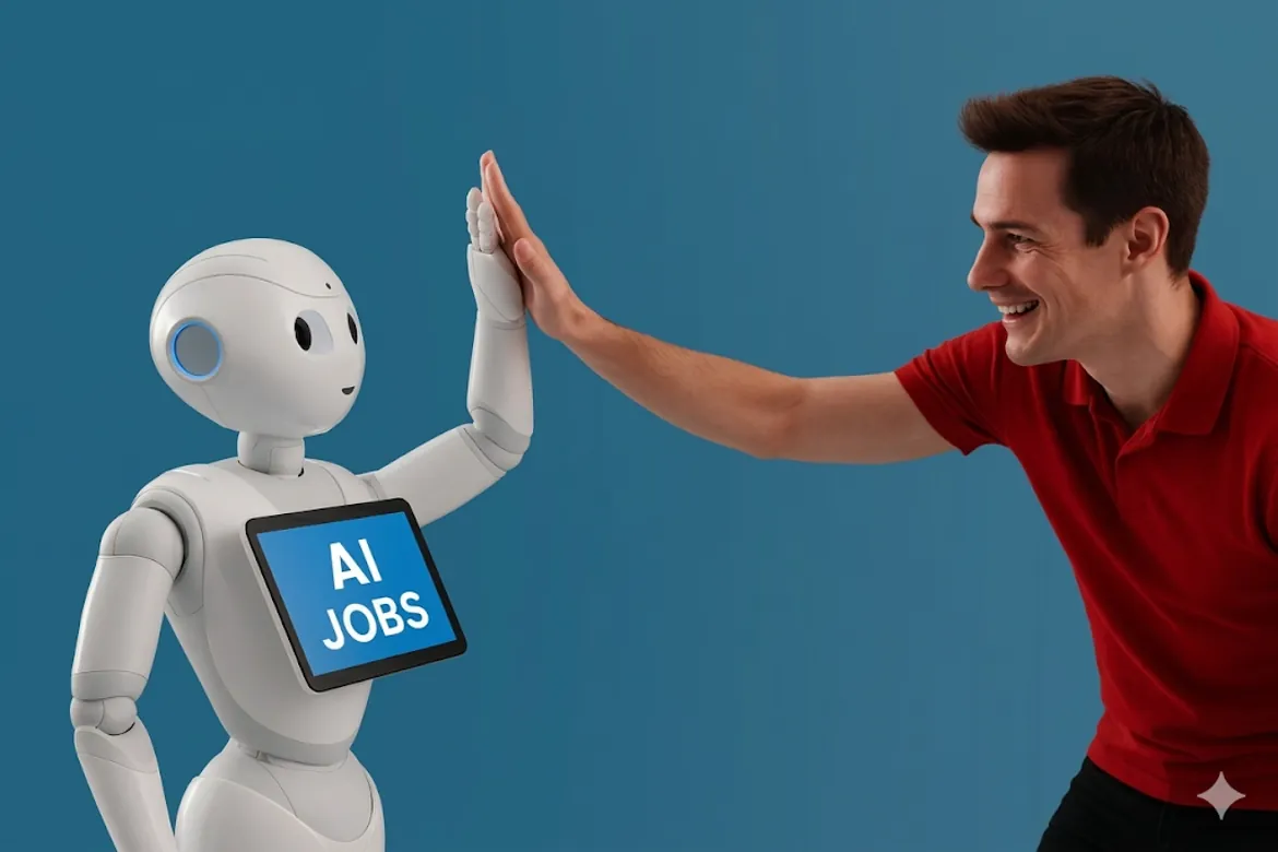 A humanoid robot and a professional exchanging a high‑five, symbolizing collaboration and AI Job opportunities.