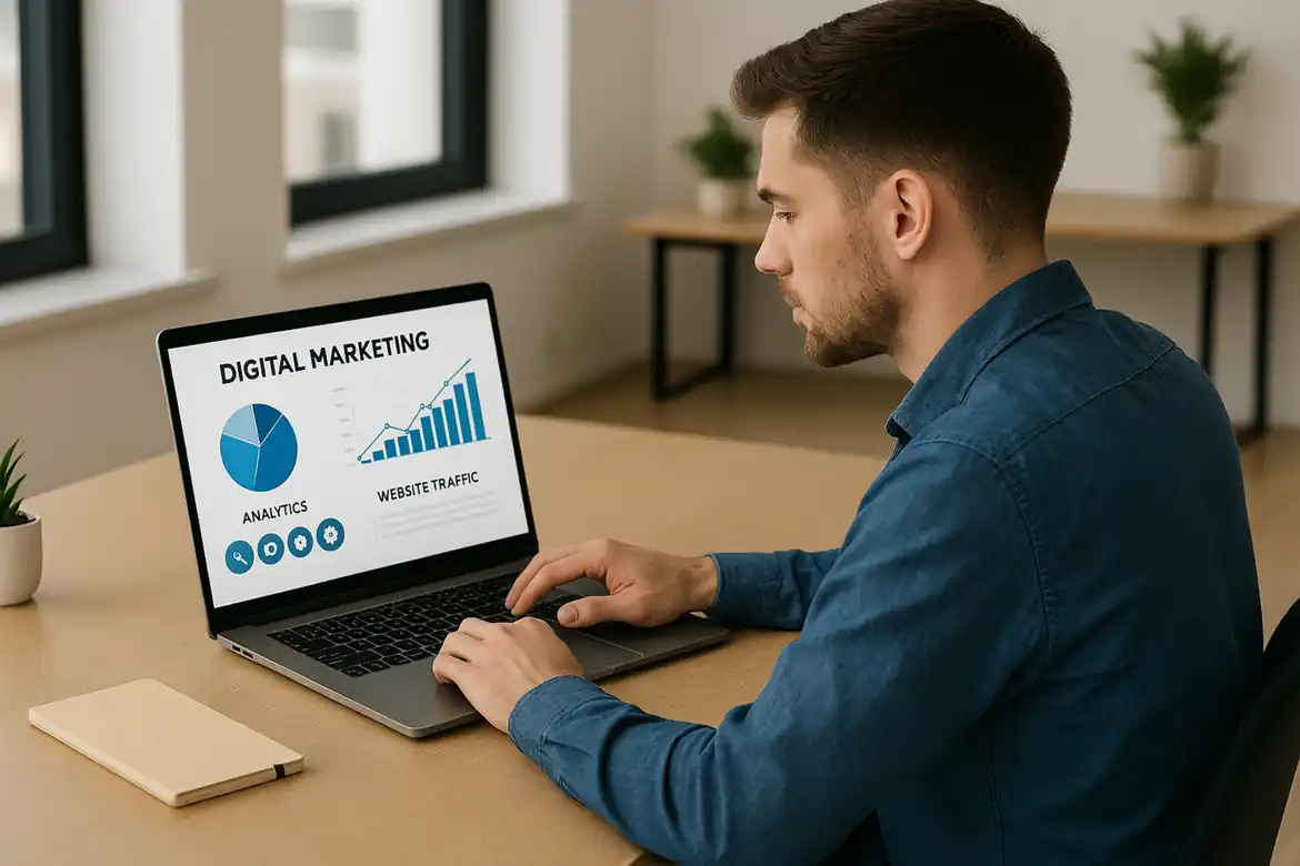 Professional analyzing digital analytics dashboard while building a career in marketing
