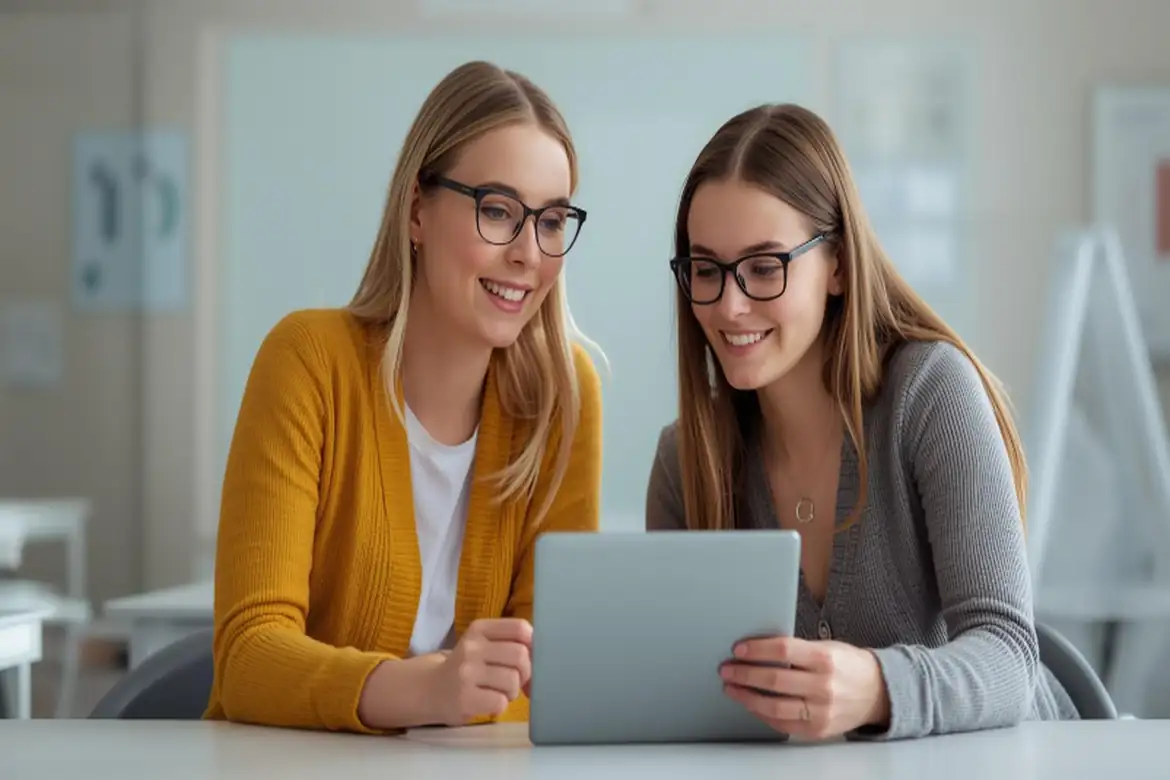 Two professionals reviewing information on a tablet in a modern workspace, related to Job Guarantee Programmes.