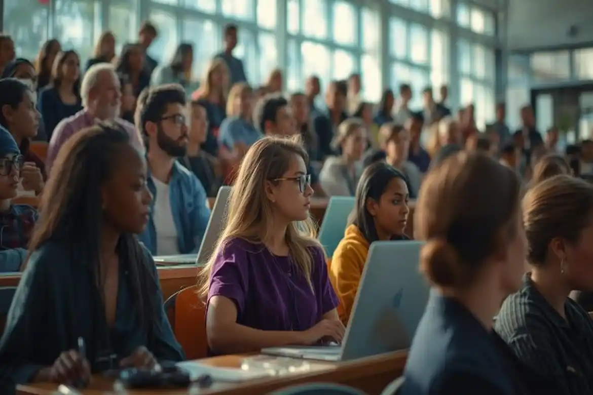 Career in tech learning environment with professionals using laptops in a modern setting