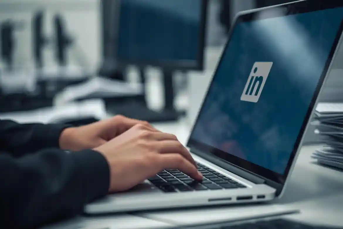 LinkedIn for IT jobs shown on a laptop in a modern workspace