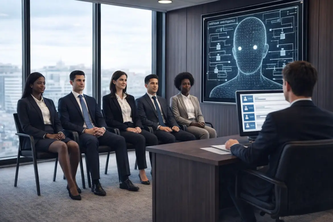 Professional candidates in an interview setting with AI recruitment technology on screen