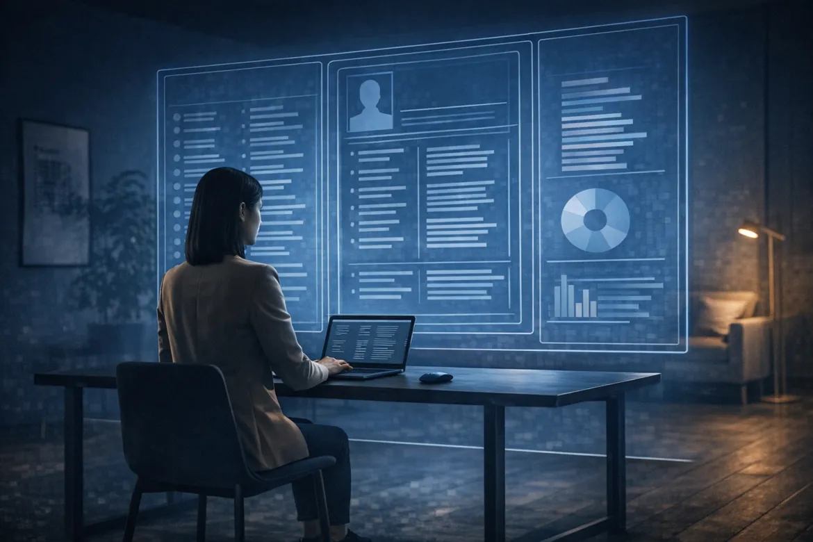 AI Tools for Resume Optimisation showing a person analysing a digital resume interface