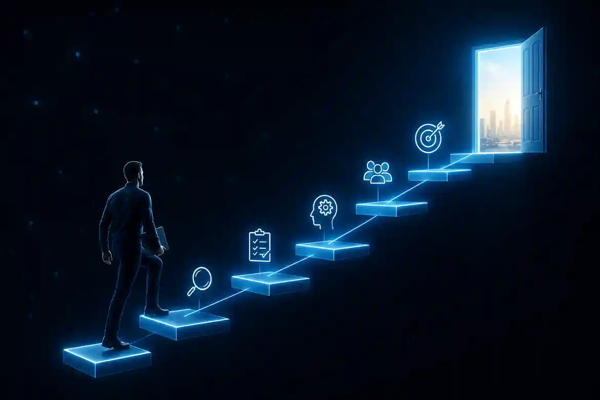 Professional planning a career change with a clear roadmap and learning resources