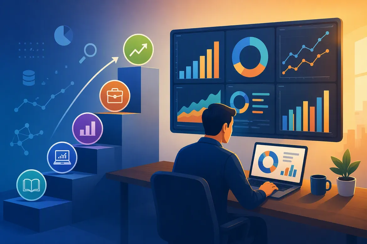Data analyst career path illustration showing analytics dashboards, charts, and career progression concepts.