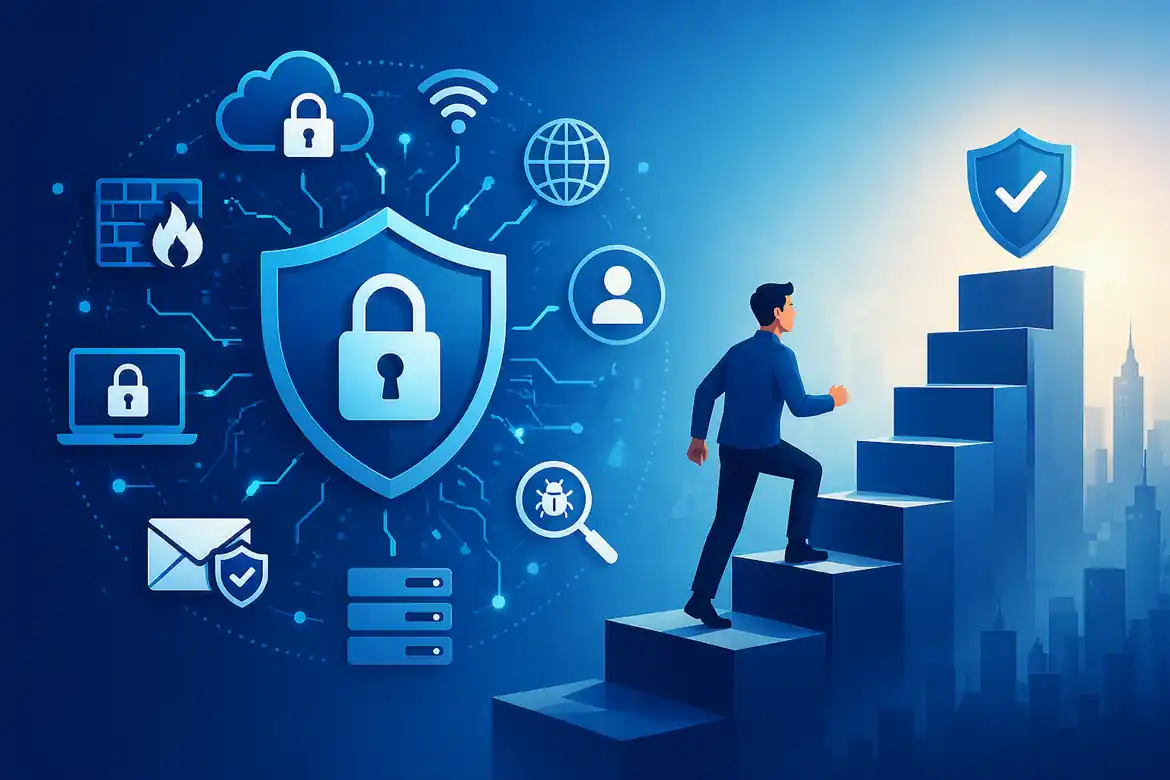 Network security career illustration showing cyber security protection and career growth.