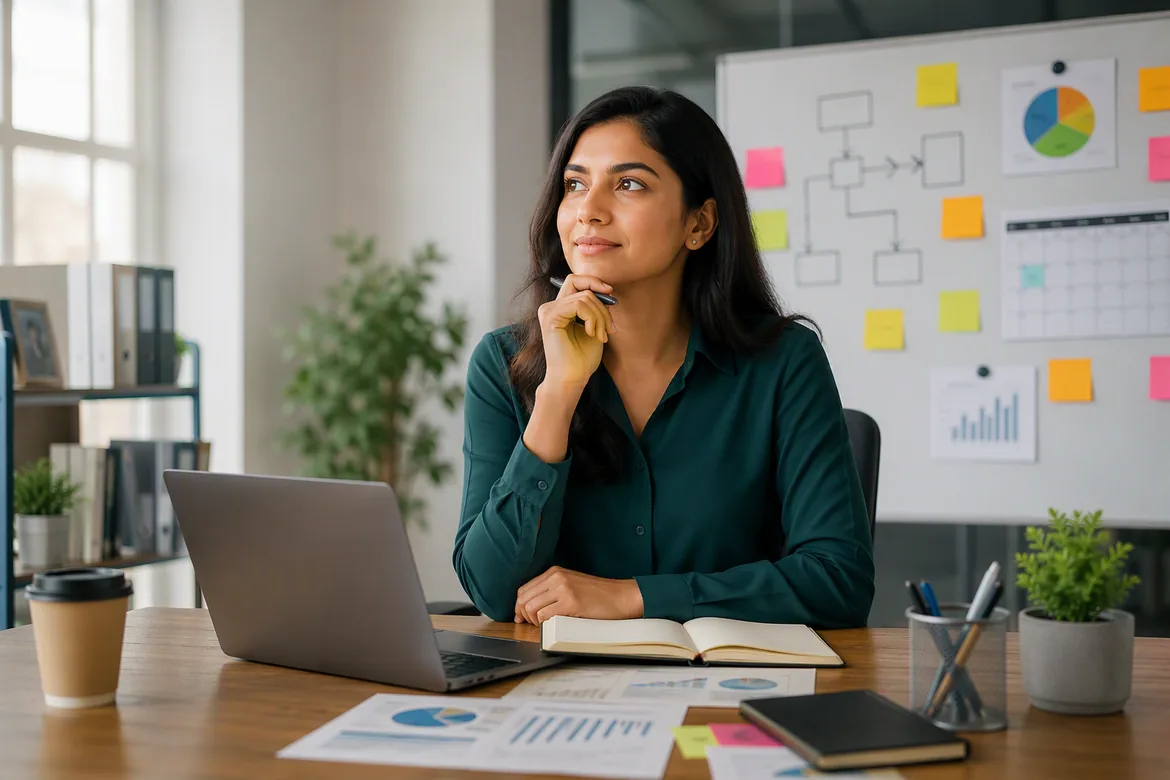 Professional planning a project management career with laptop, reports, and project workflow board.