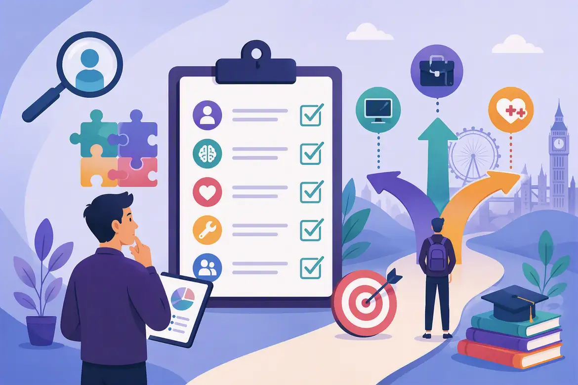 Career change aptitude test illustration showing career assessment checklist and career path options