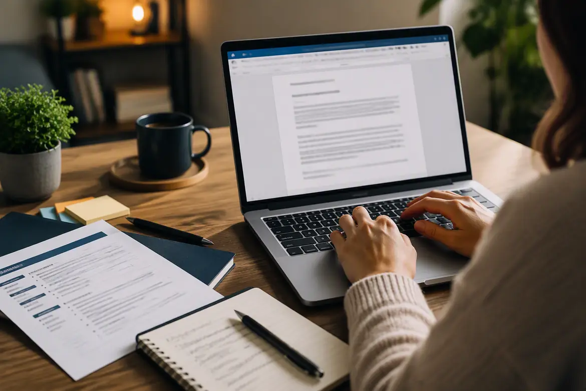 Career change cover letter being drafted on a laptop beside a CV.