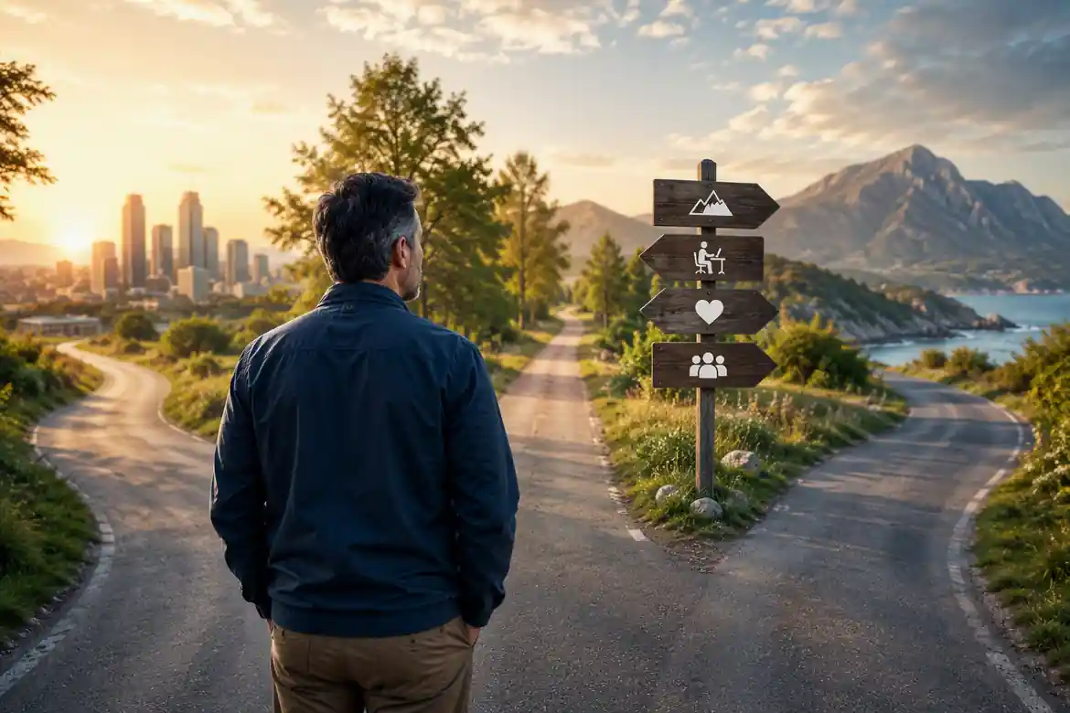 Mid-career professional standing at a crossroads, choosing a new career path with multiple opportunities ahead.
