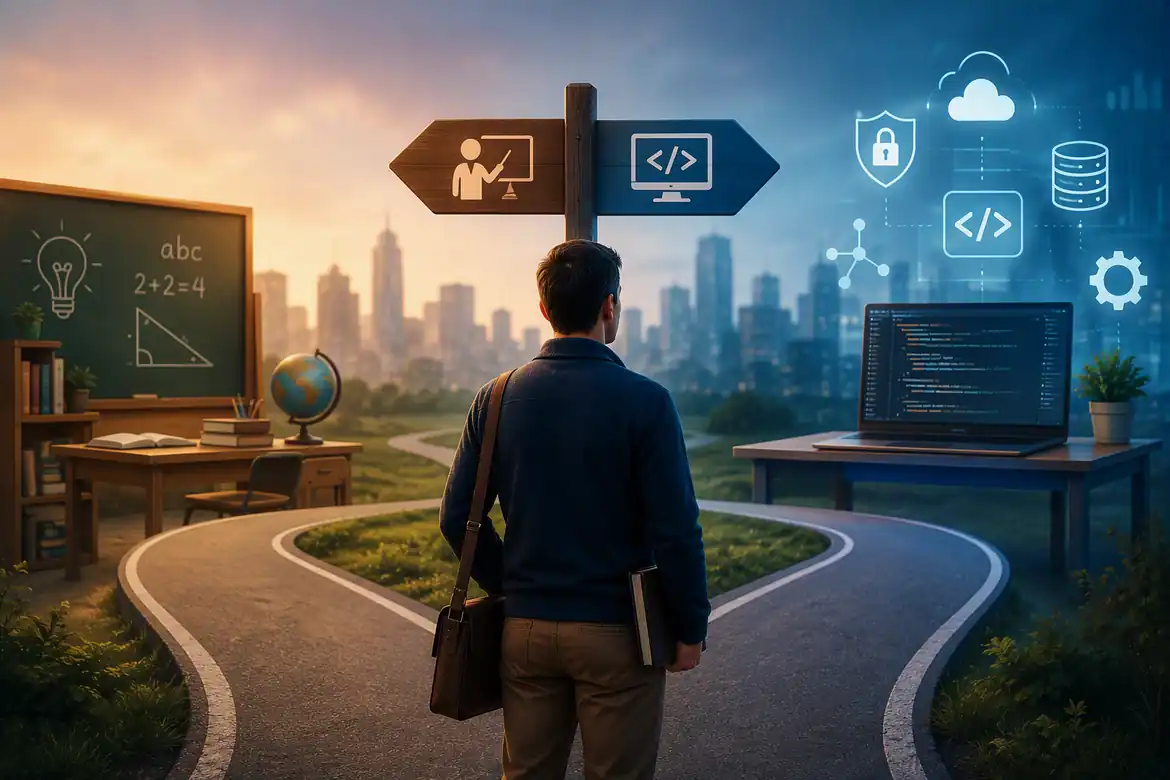 Career change from teaching to IT career pathway illustration