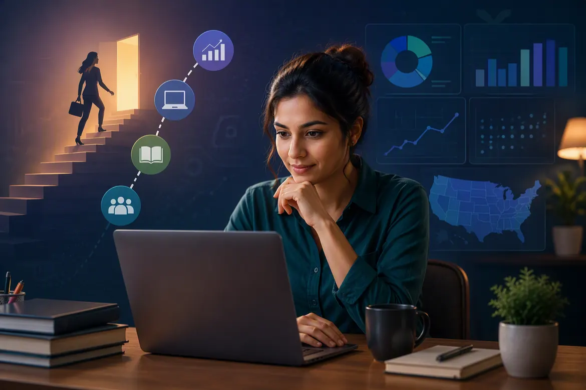 Data analyst career path with a professional working on a laptop and analytics dashboards in the background.