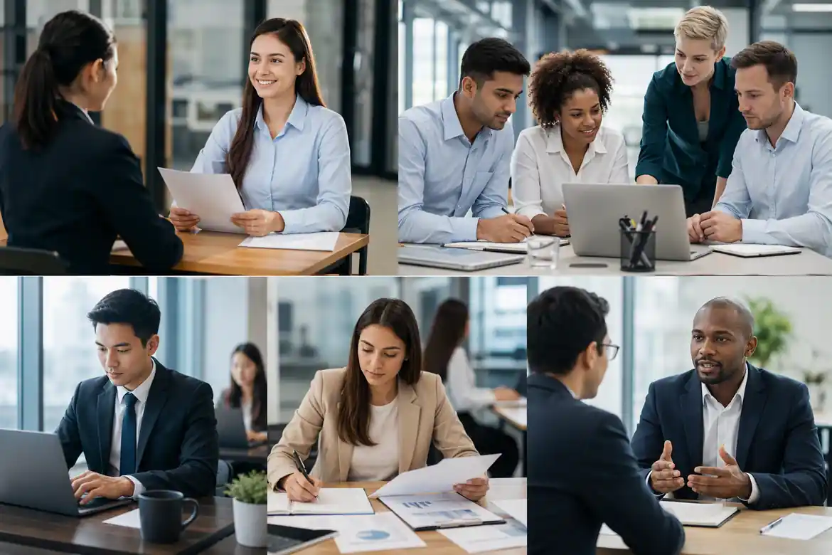 Professionals reviewing resumes, interviewing candidates, and collaborating in a modern office, highlighting entry level jobs for career changers.