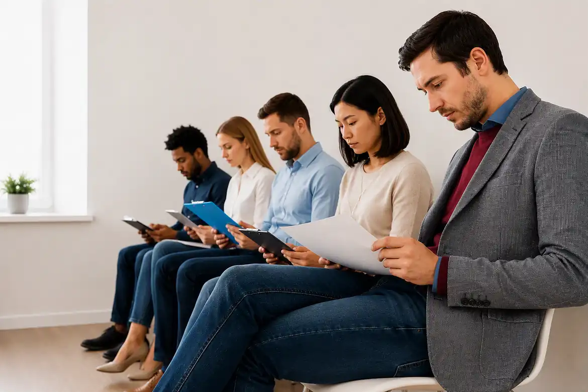 Entry level jobs for career changers candidates waiting with resumes before interviews.