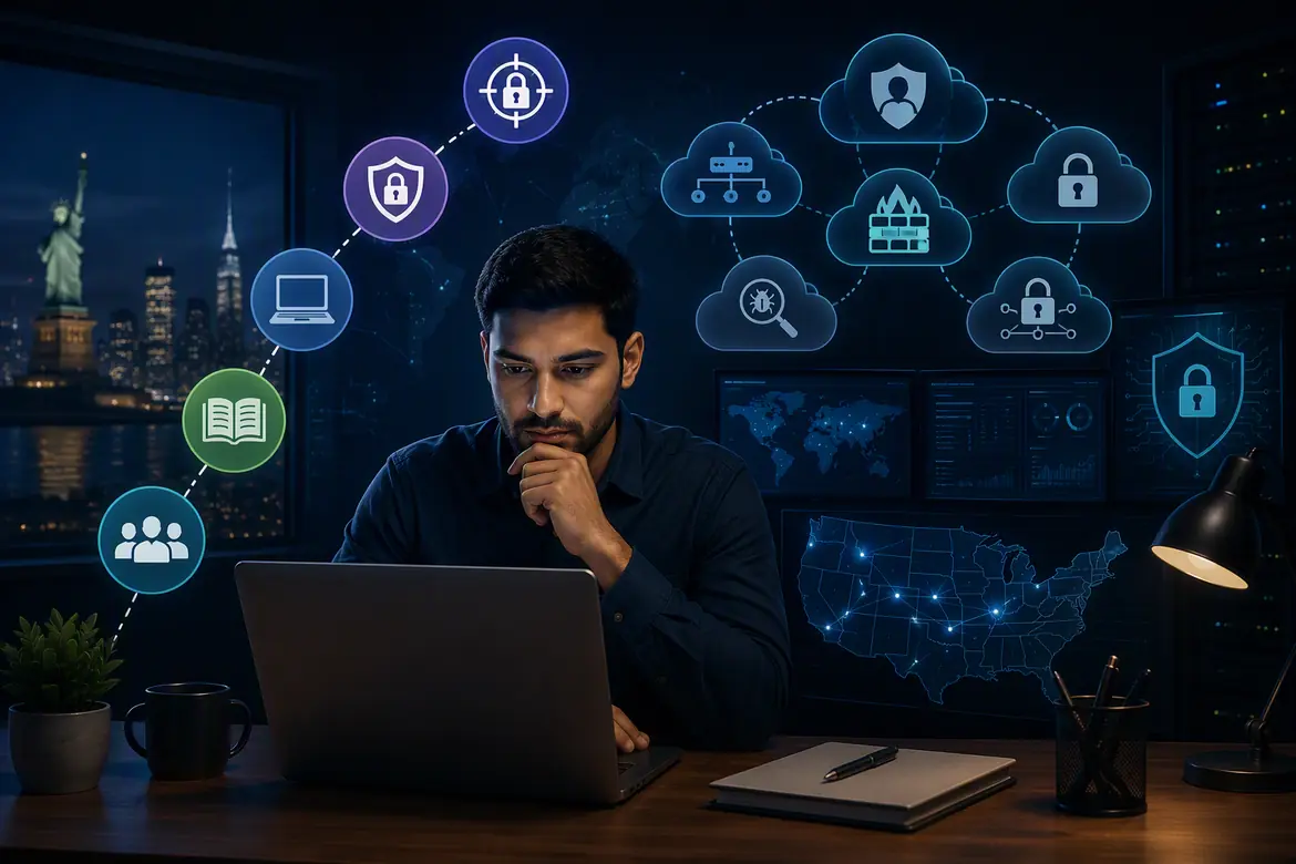 Network security career professional working on cybersecurity systems with secure network and cloud security visuals.