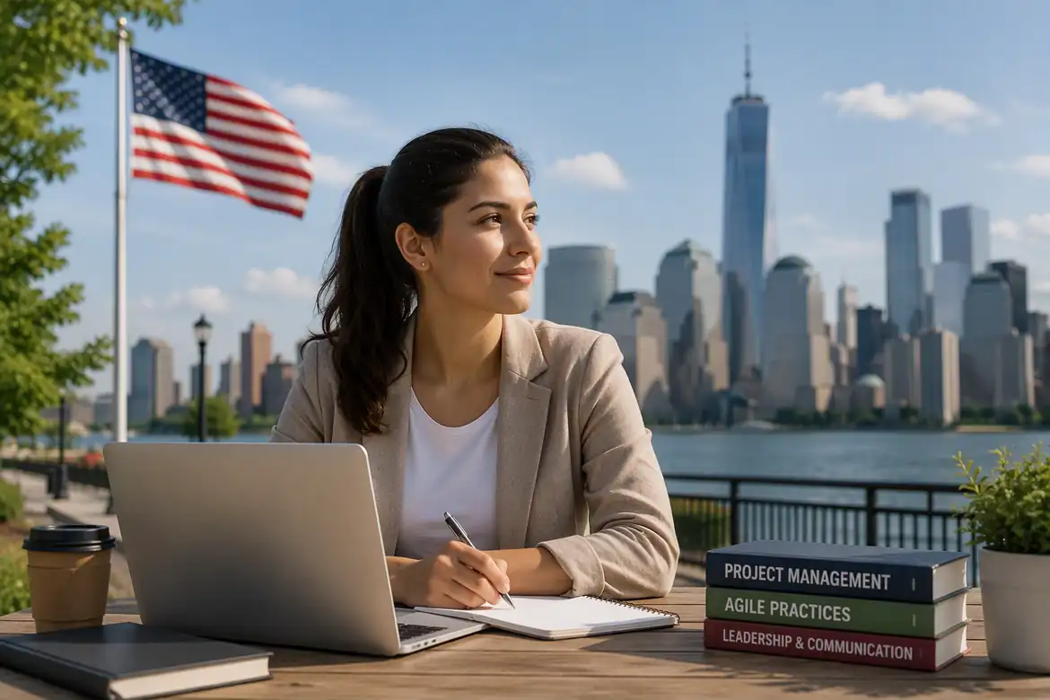 Project management career professional working outdoors with a laptop and USA flag in the background.
