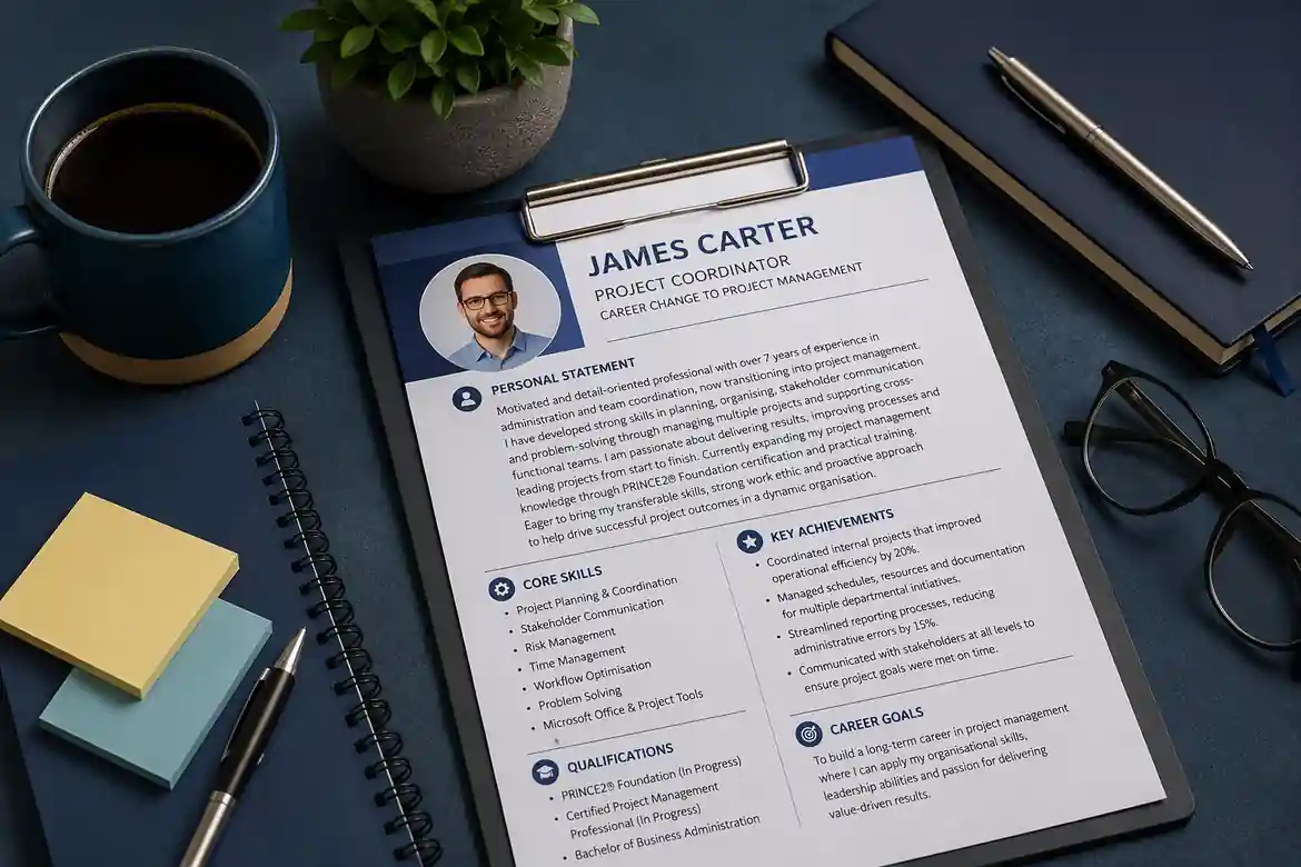 Career change CV personal statement examples shown on a professional resume alongside office desk essentials.