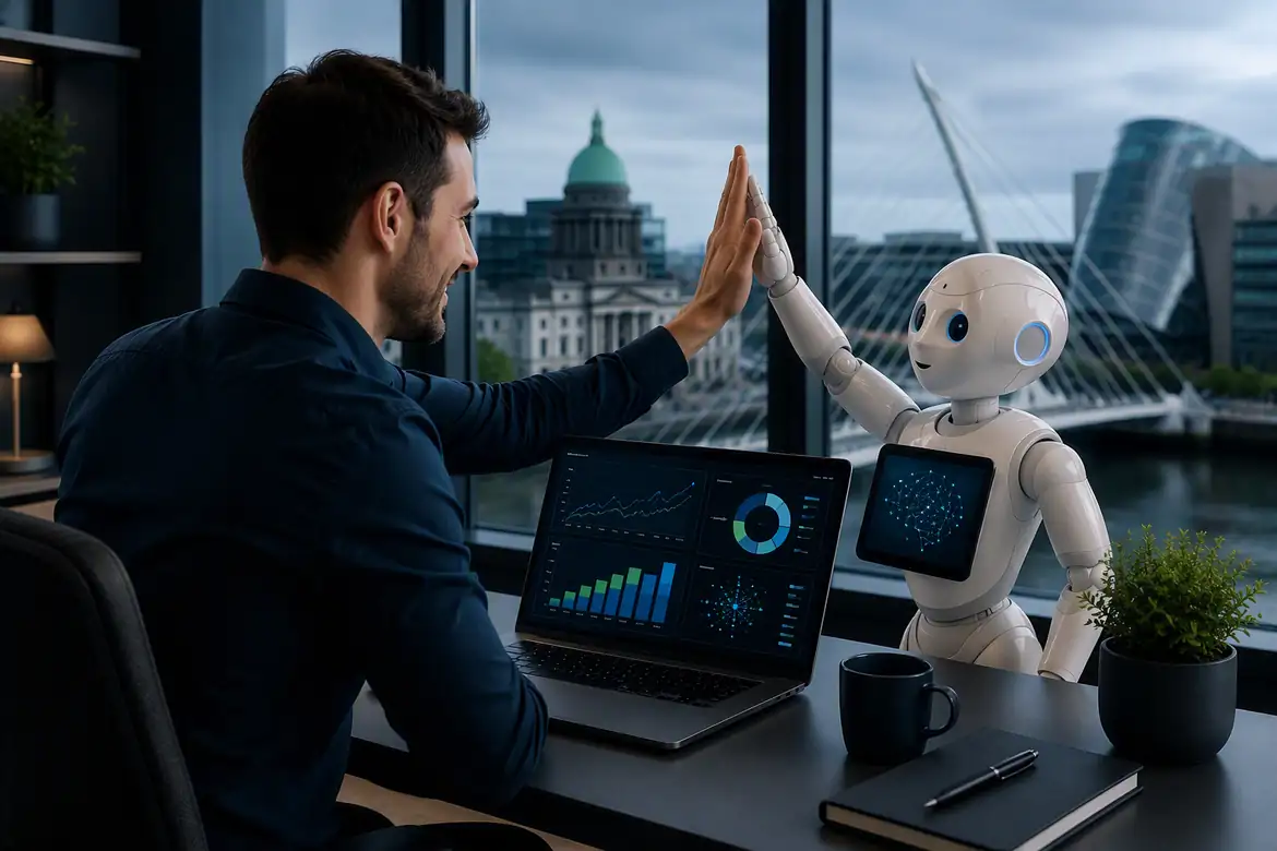 AI Engineer Salary in Ireland professional analysing AI data with robot assistant