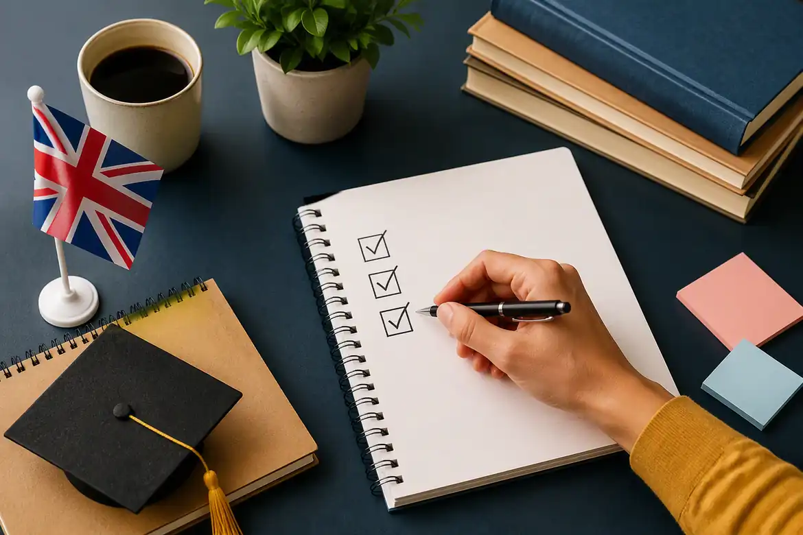 Career change jobs concept with UK study materials and career planning checklist.