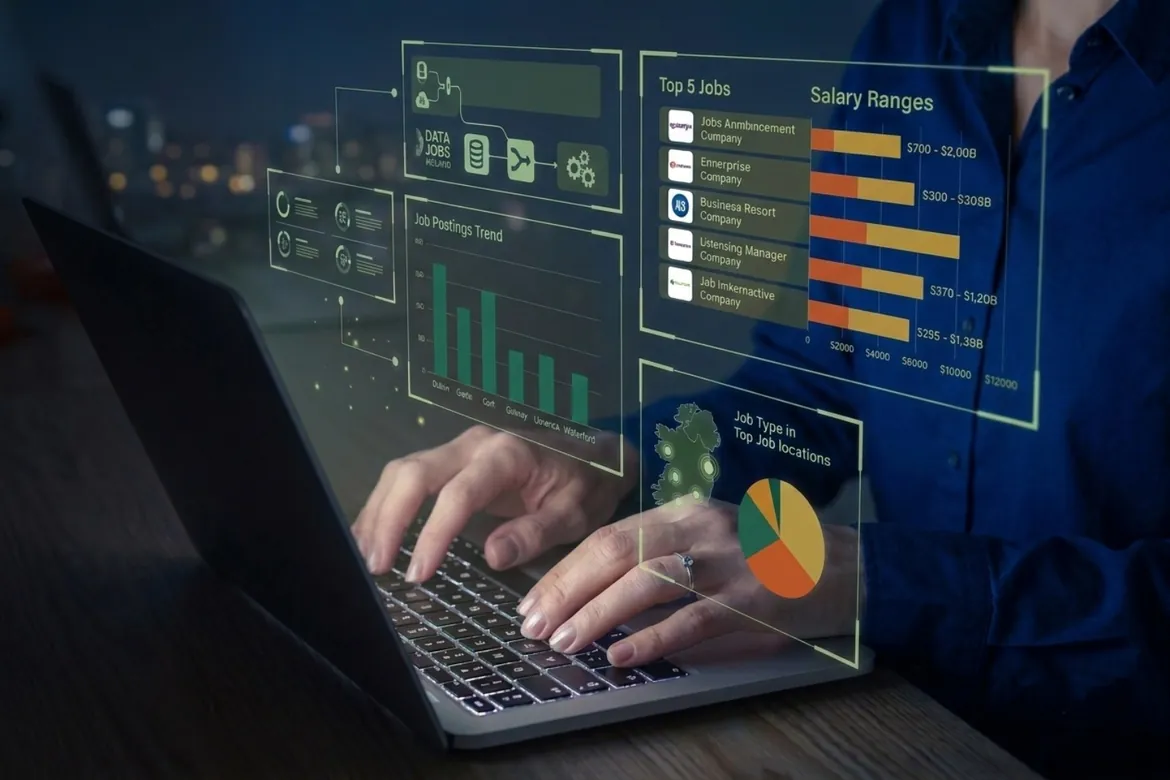 Data analyst reviewing insights on a computer in an Irish workplace