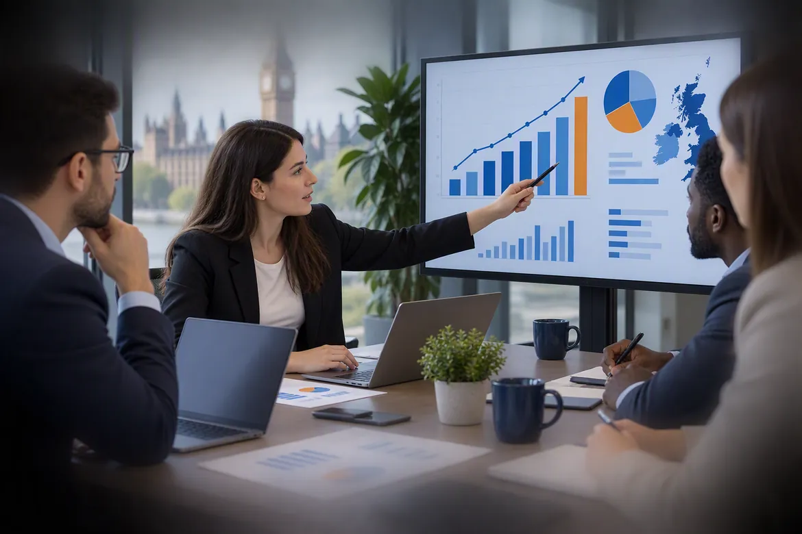 Business analyst presenting data insights and salary growth metrics during a UK business meeting