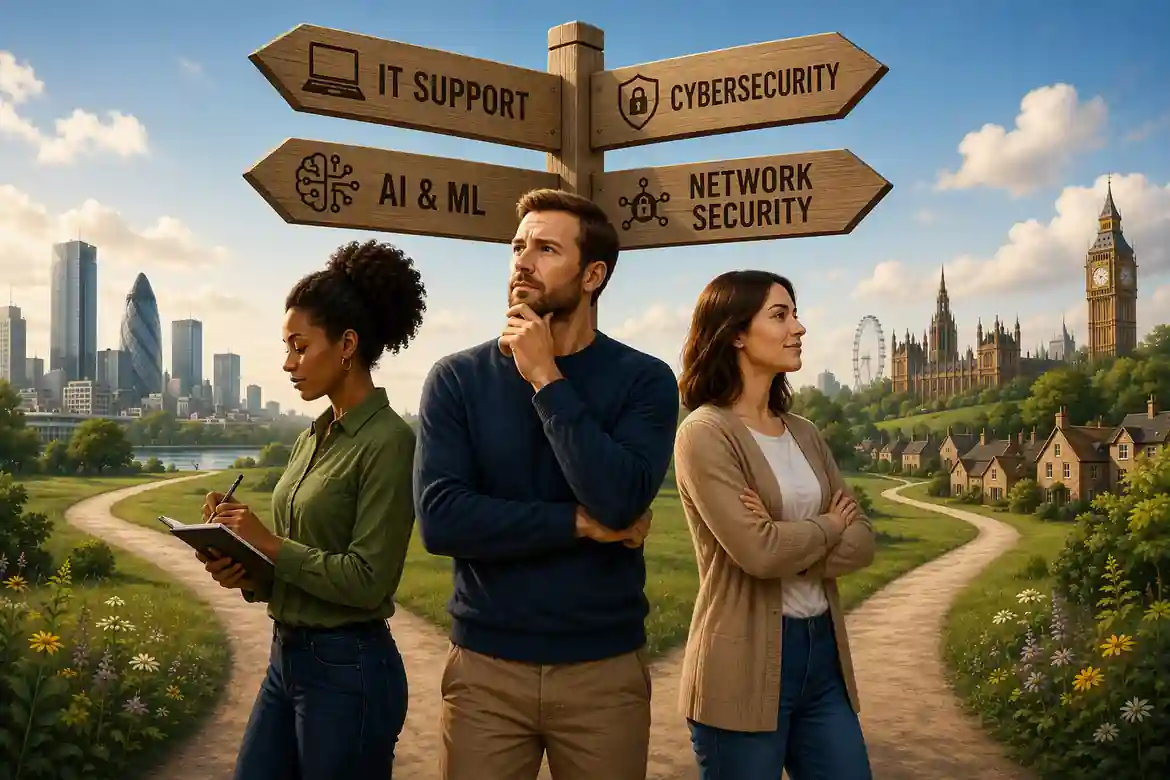 Career change help pathways in the UK featuring tech career training options