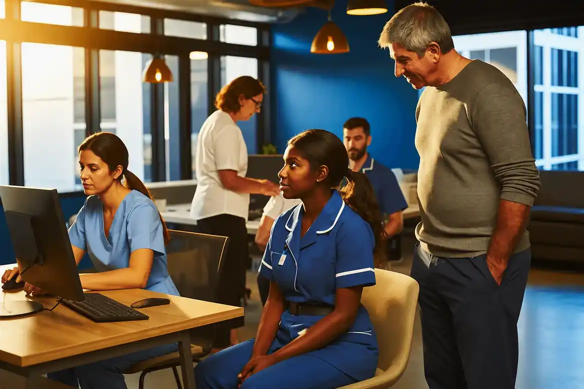 Most common career change for nurses US with nurses learning IT skills in an office setting.