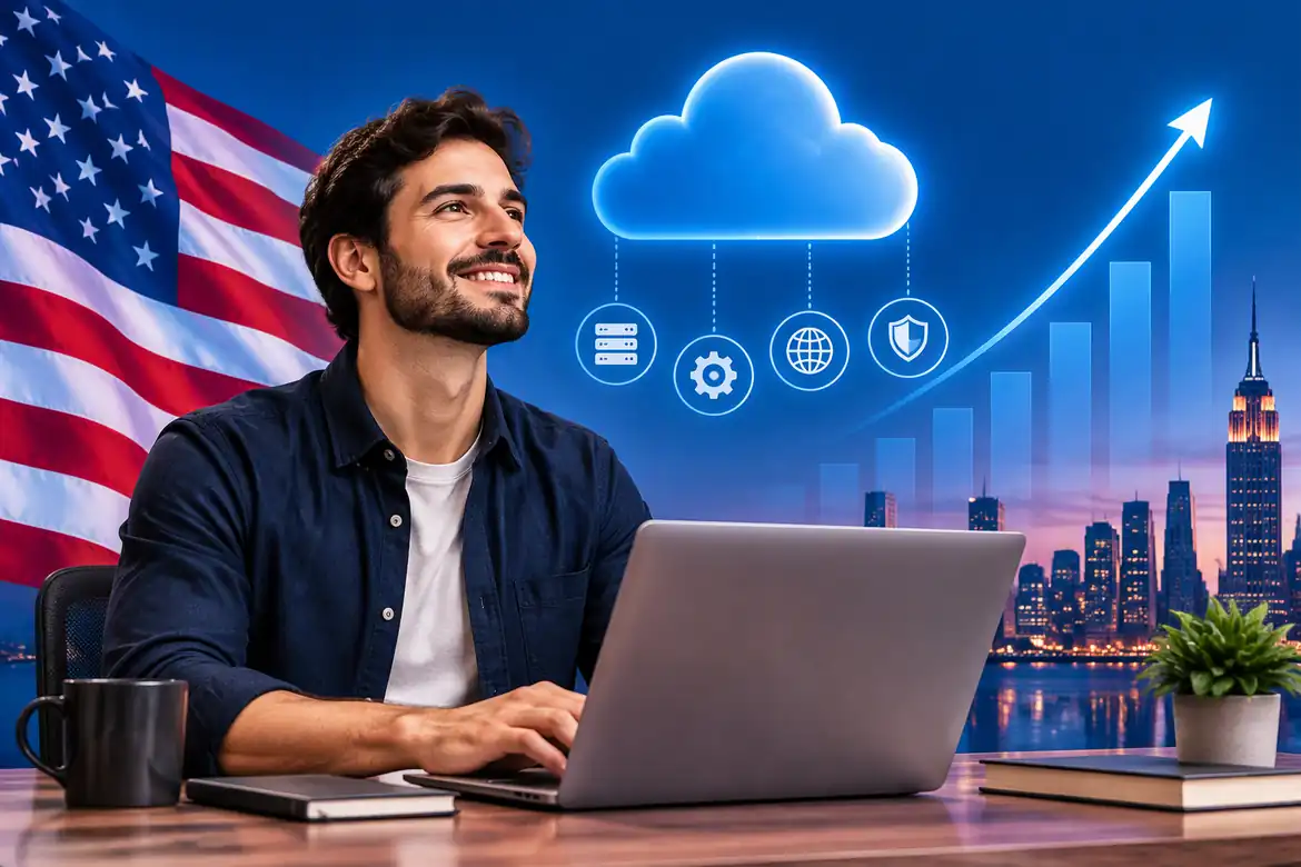 Cloud engineer working on laptop with cloud services and salary growth.