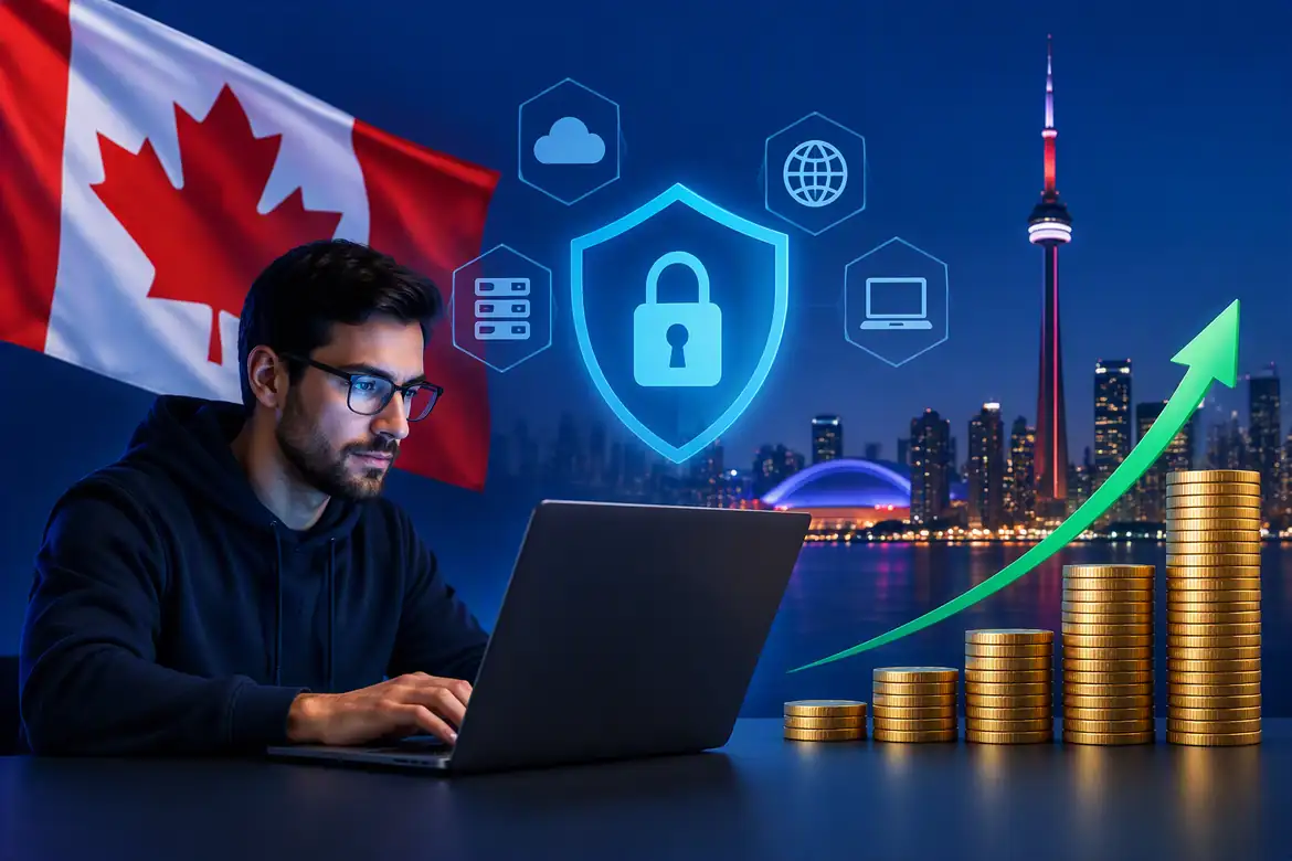 Cyber Security Salary Canada career growth illustration with Canadian flag, cybersecurity shield, technology professional, and rising salary trend in Canada
