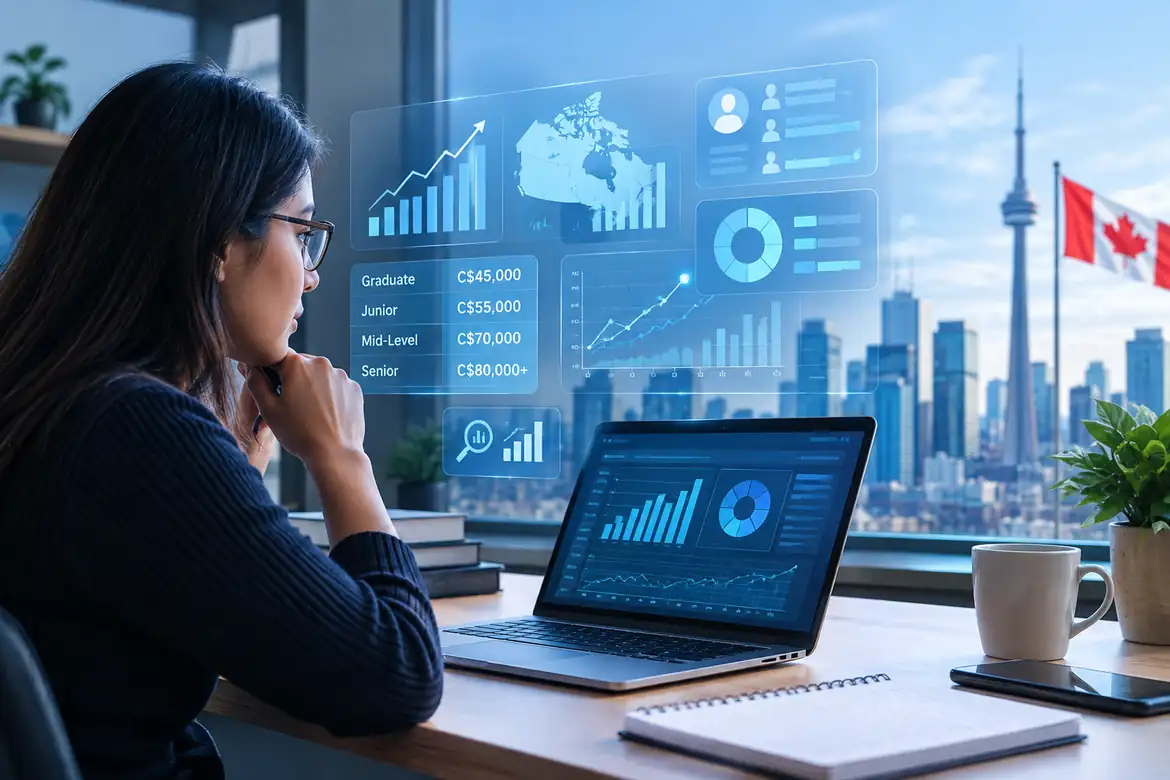 Data analyst reviewing insights on a computer in Canada