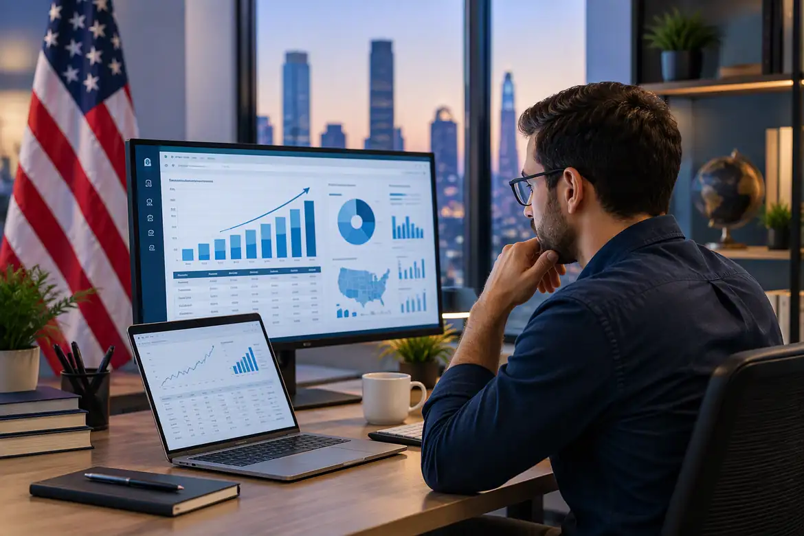 Professional analyzing business analytics dashboards across desktop and laptop screens.