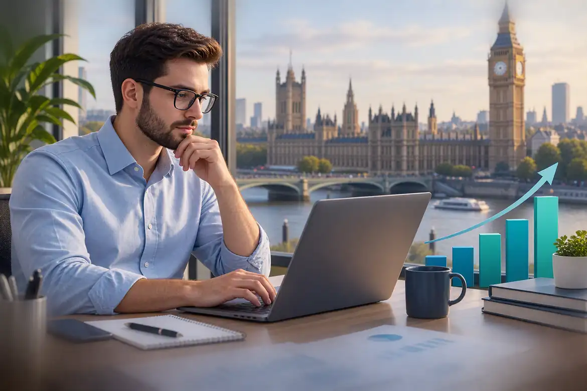 Data analyst salary in the UK with career growth chart and London skyline featuring Big Ben.