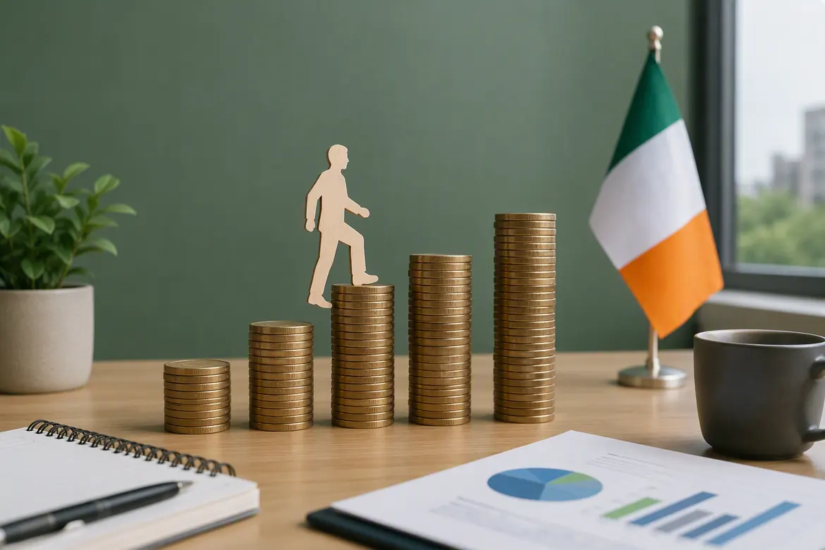 IT project manager salary in Ireland illustrated with rising stacks of coins and career progression.