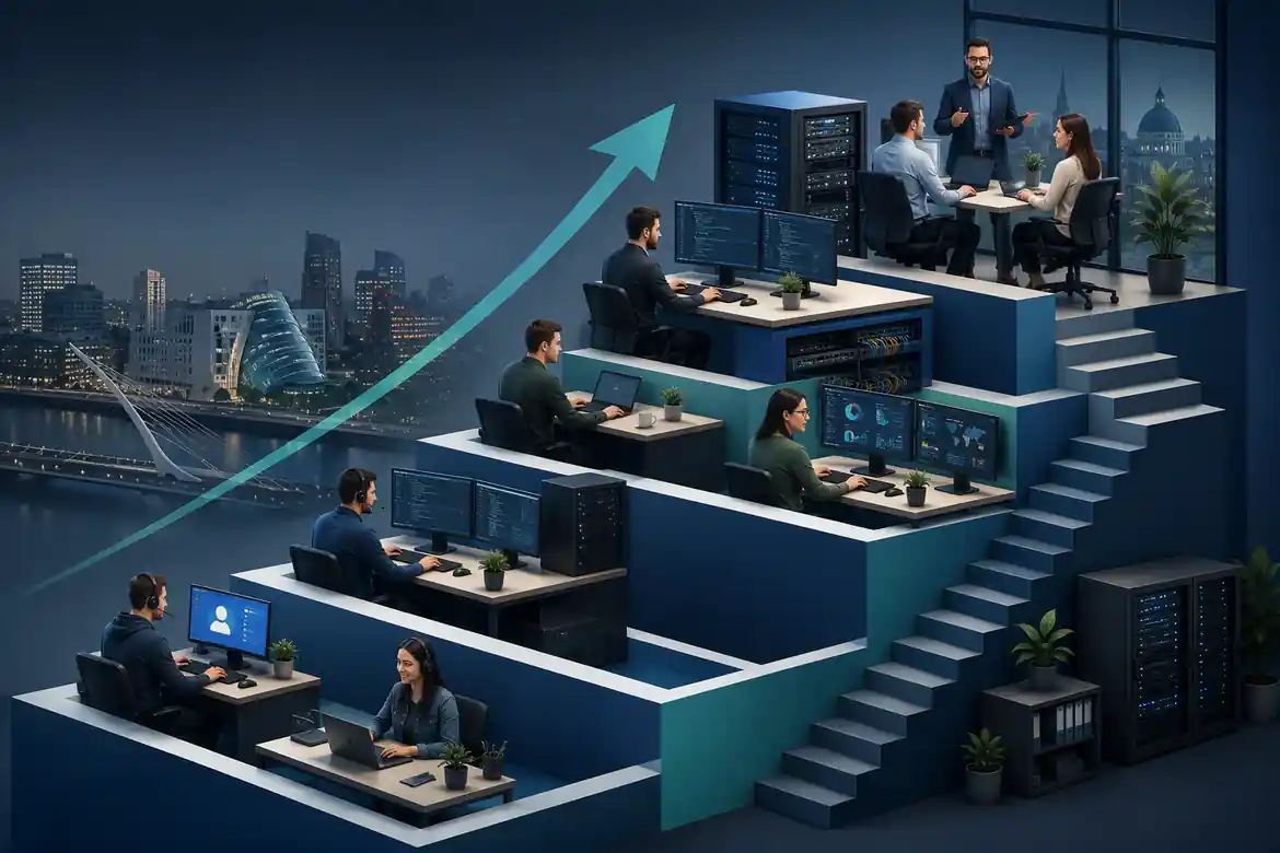 IT support professionals progressing through career levels in a modern Irish office environment.