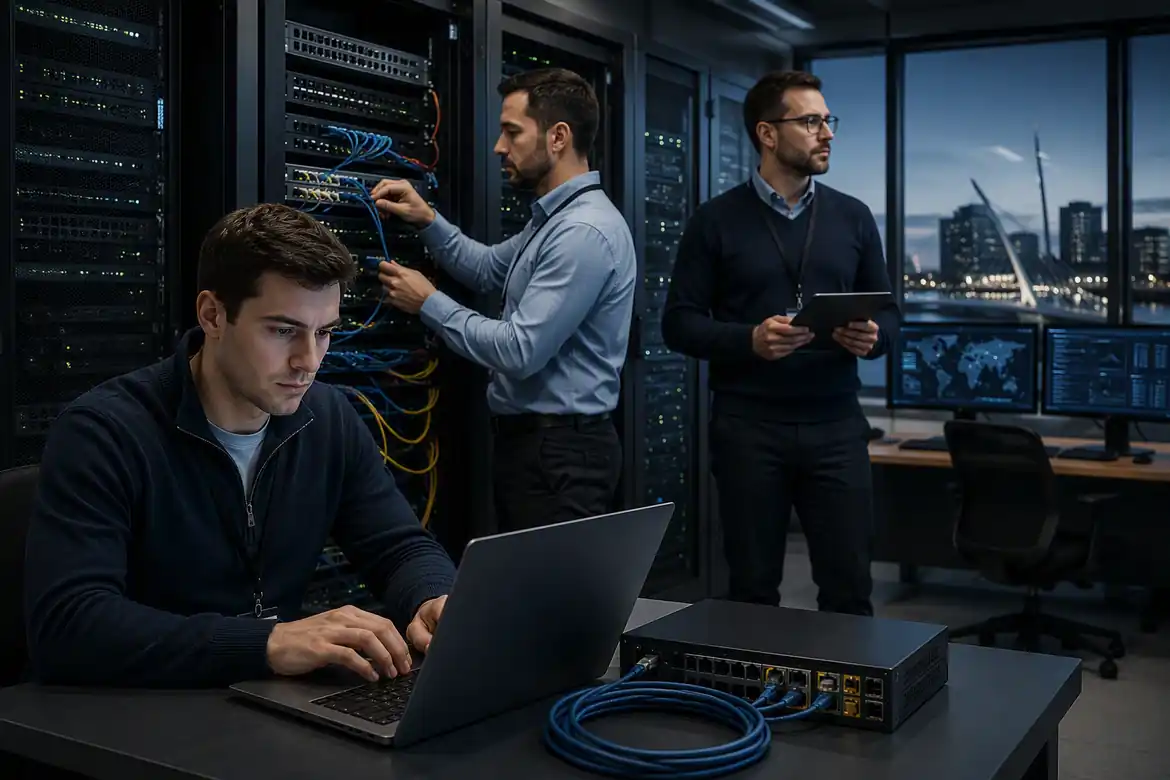 Network engineers managing enterprise network infrastructure in a modern Irish data centre.