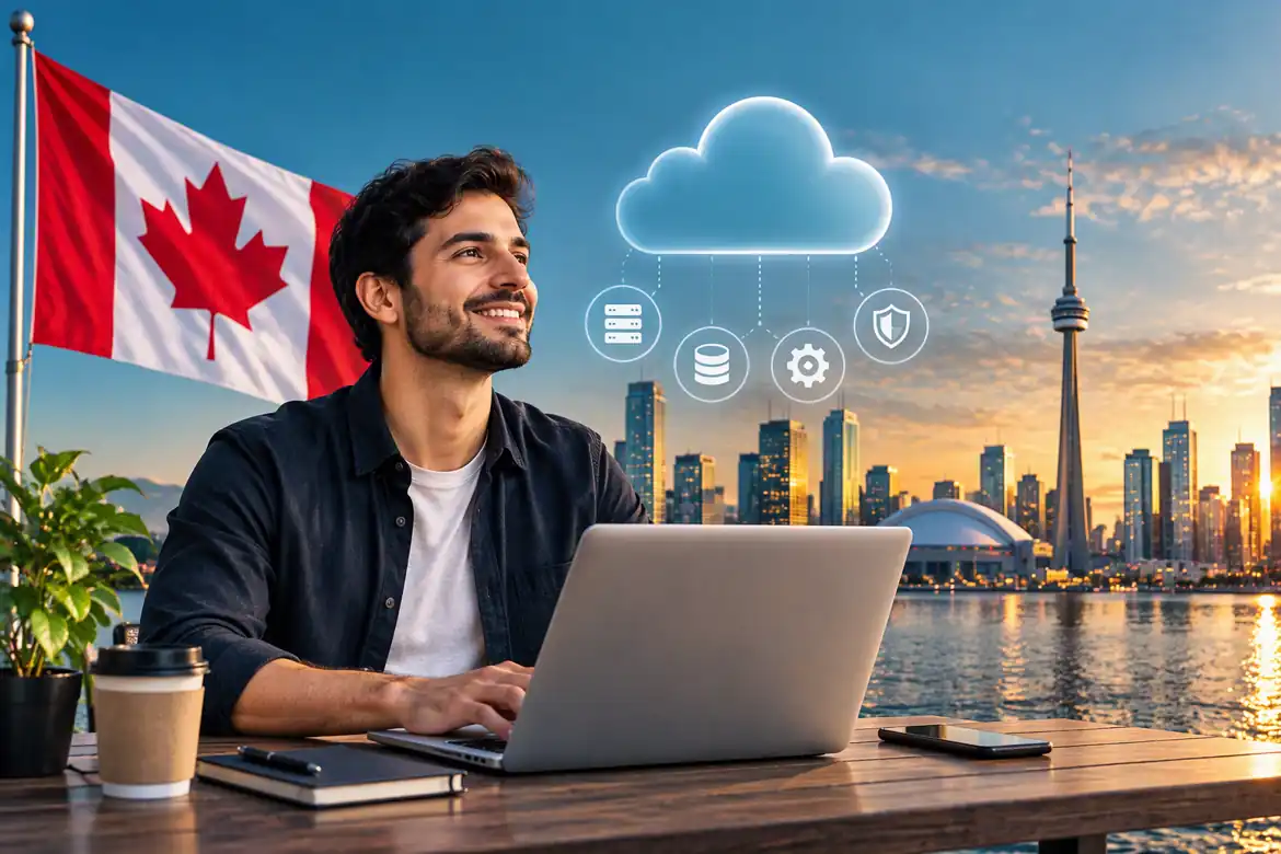 Cloud engineer salary Canada featuring cloud computing infrastructure, Canadian flag, and Toronto skyline