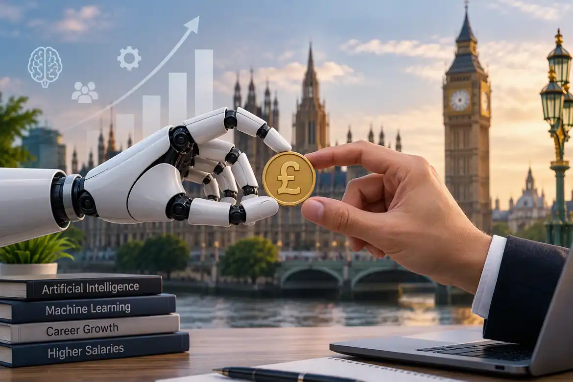 AI Engineer Salary in the UK concept showing AI technology, salary growth, and London landmarks including Big Ben.
