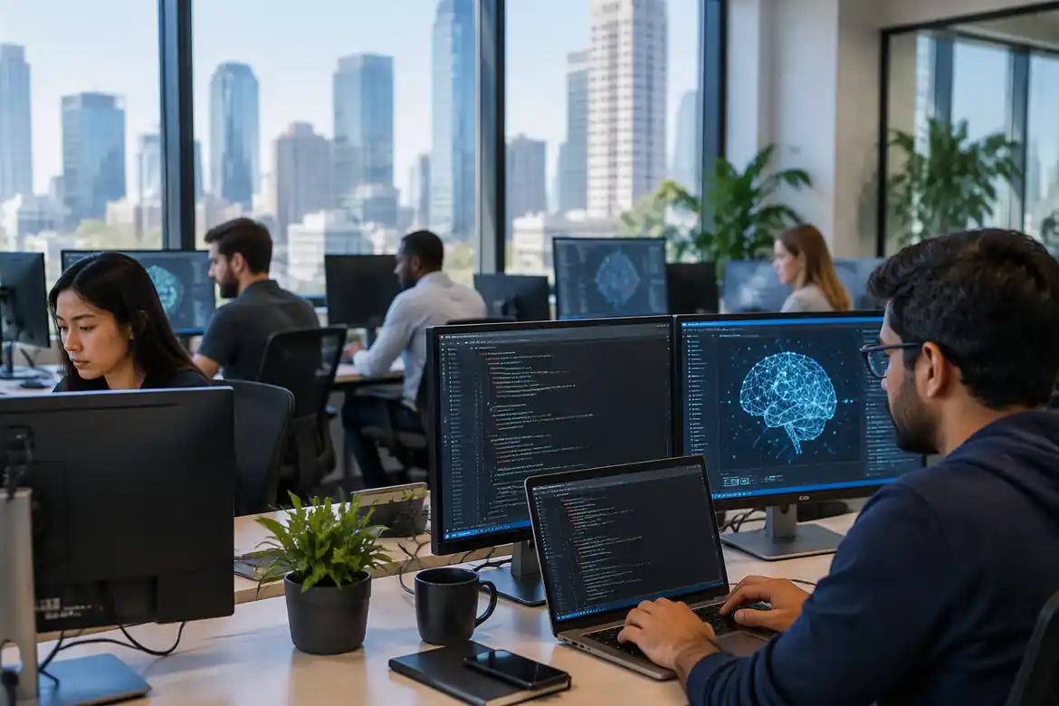 AI engineers developing machine learning systems in a modern US office