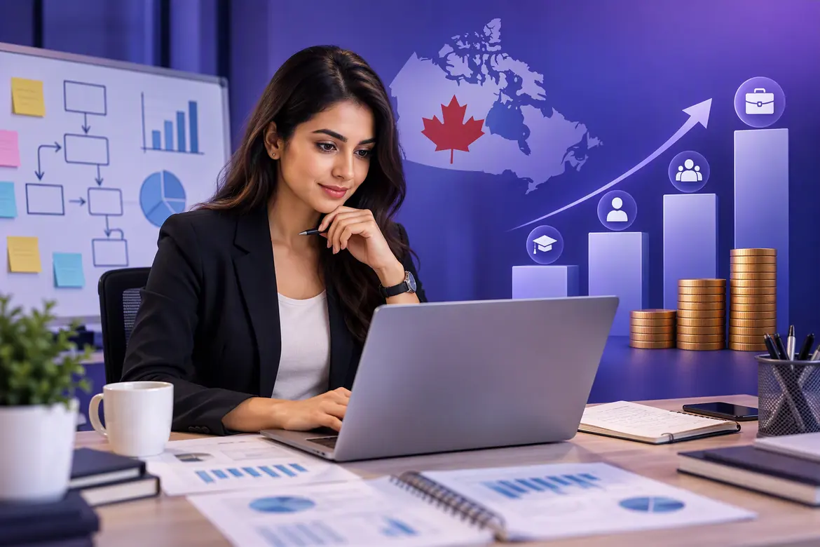 Business Analyst Salary Canada professional business analyst reviewing dashboards reports and salary growth trends in Canada