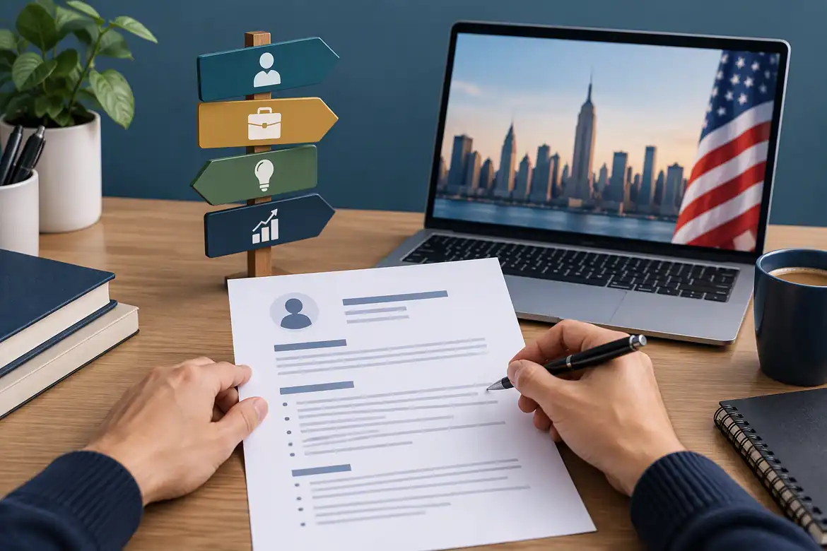 Career change CV personal statement examples with a resume being updated for a new career path in the US.