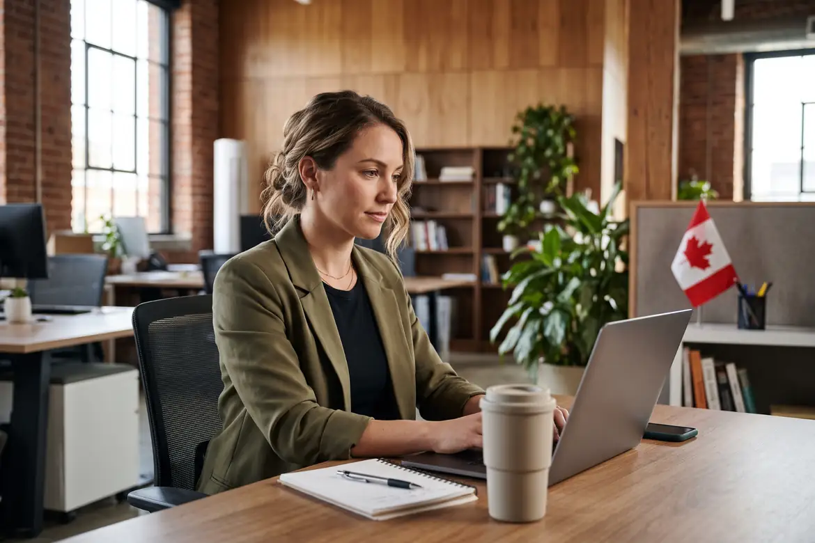 Professional researching career change opportunities in Canada online.