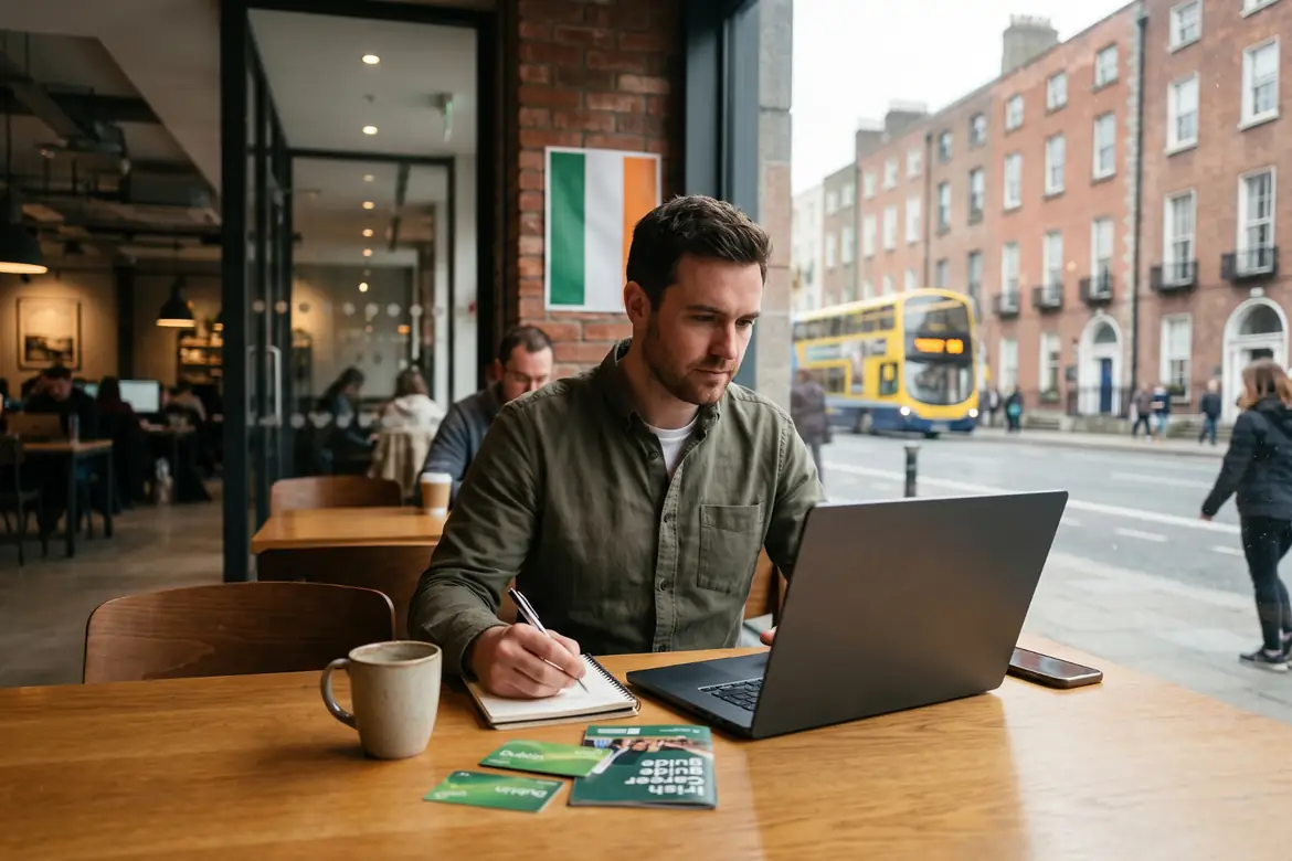 Professional working on a laptop near an Irish flag poster.
