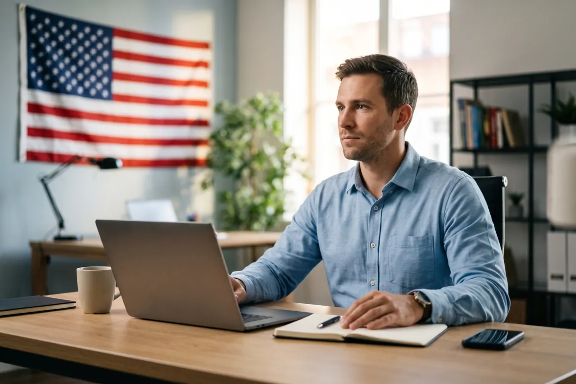Professional using laptop while planning career change in America.