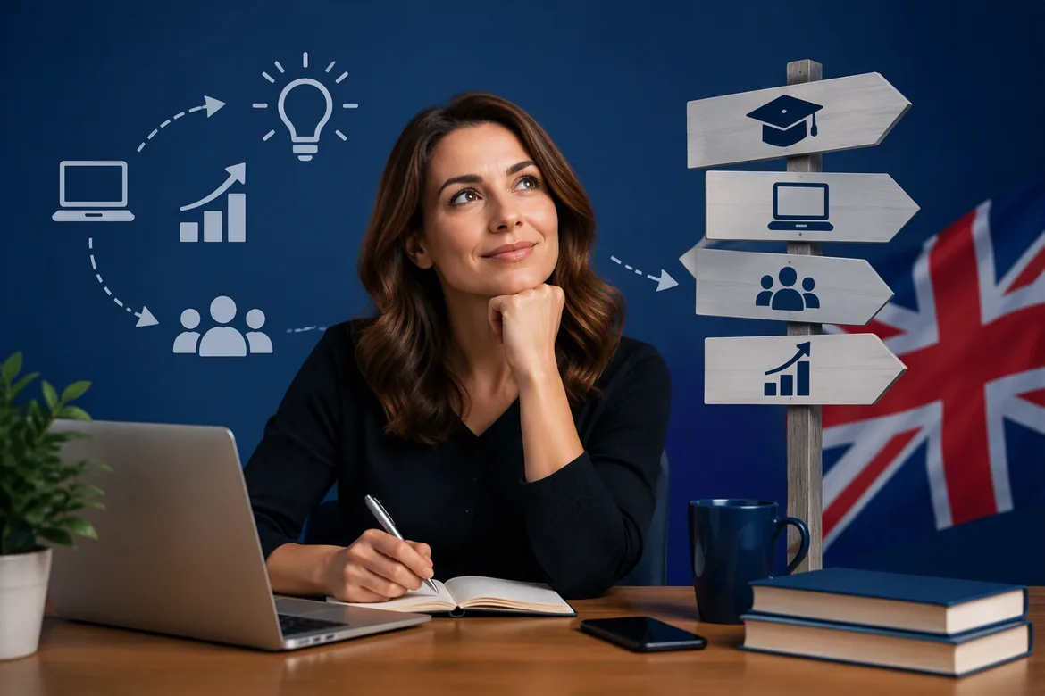 Professional Planning Career Transition with Laptop, Study Materials, and Guidance