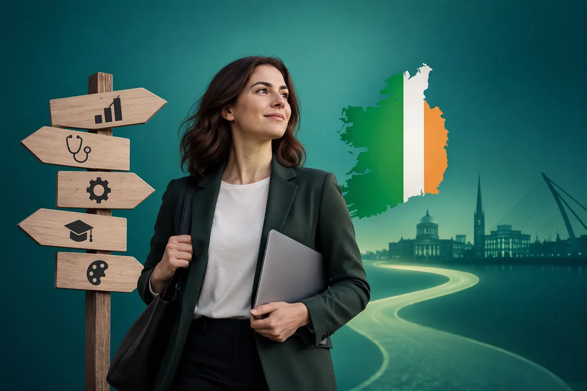 Professional holding laptop beside career direction signpost with Ireland map in background.