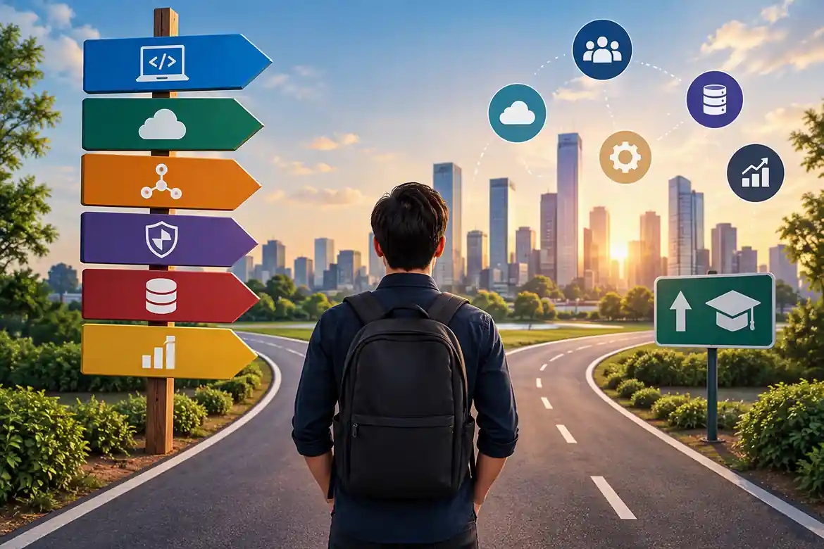 Career opportunities in IT shown through multiple technology career pathways and professional growth options.