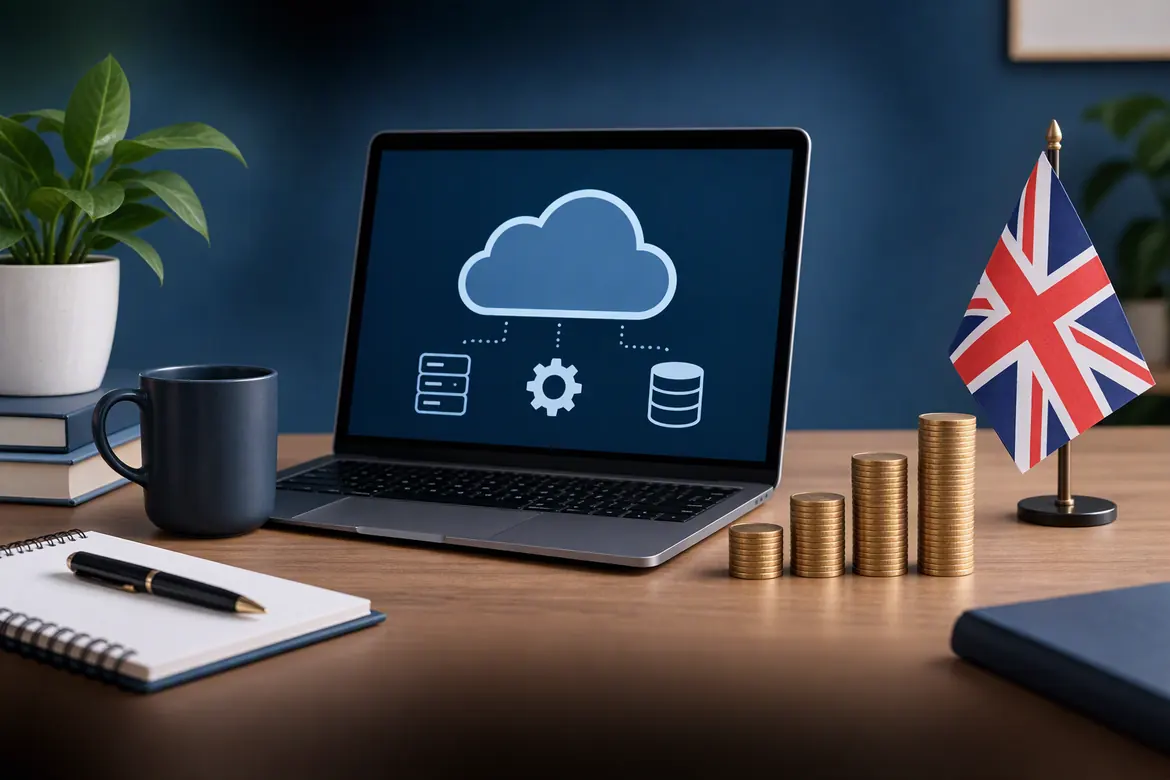 Cloud Engineer Salary in the UK illustrated with cloud technology, laptop, and rising coin stacks beside a UK flag.