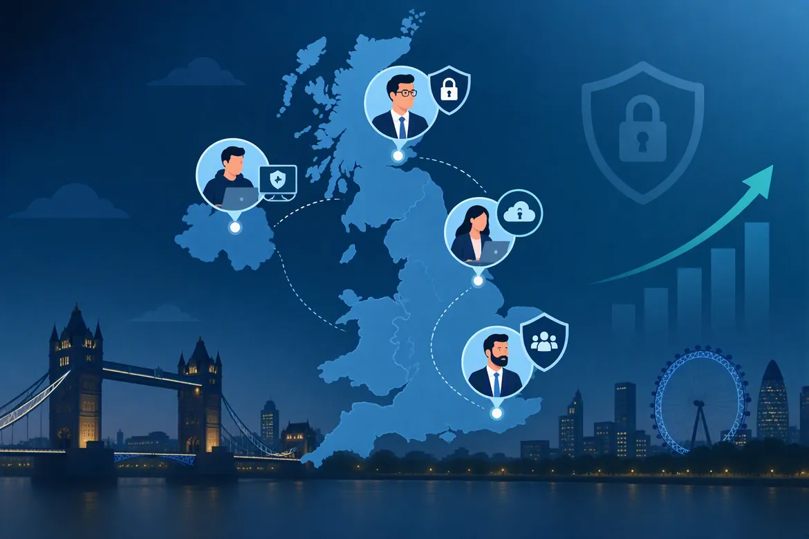 Cybersecurity salary in the UK career progression illustrated across a UK map with security professionals and cybersecurity icons.